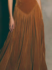 FJØRNA caramel satin spaghetti strap maxi dress, elegant wedding guest dress with flowing fabric and stylish design.