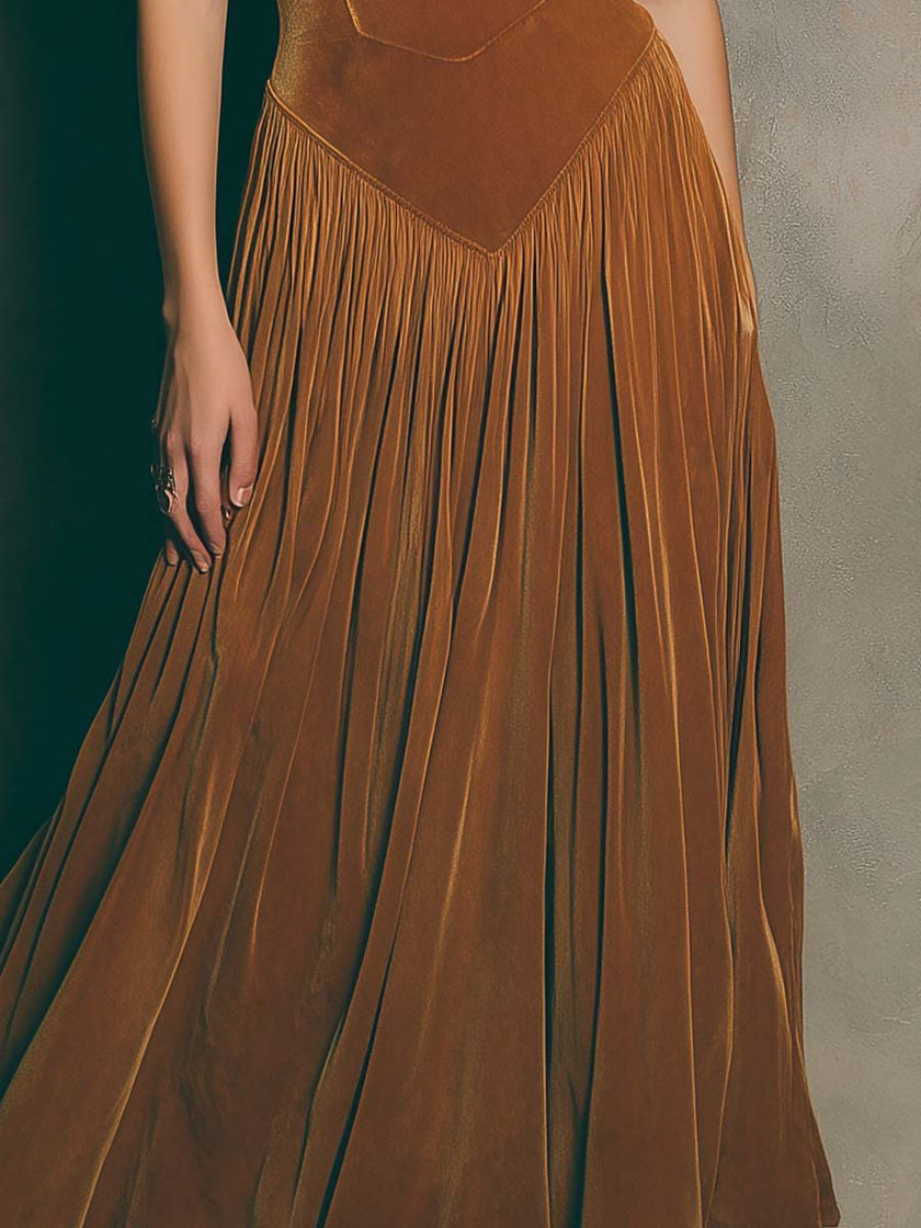 FJØRNA caramel satin spaghetti strap maxi dress, elegant wedding guest dress with flowing fabric and stylish design.