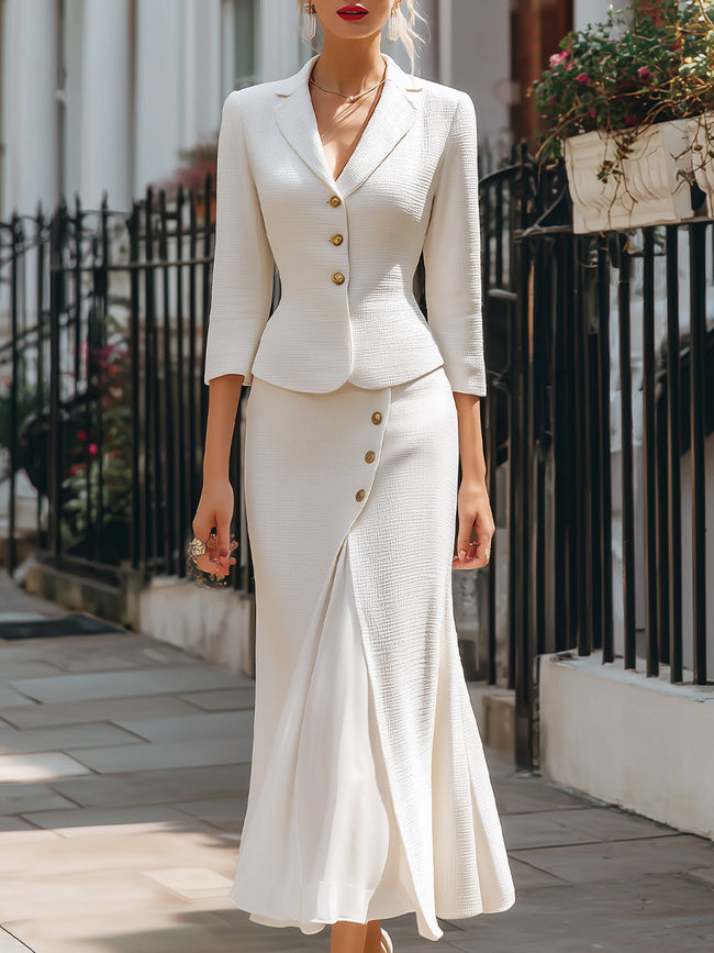 FJØRNA textured buttoned blazer and midi skirt set for ladies, stylish dress suit with tailored fit and elegant design.