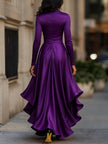 Navy blue satin maxi dress by FJØRNA with draped fabric and ruffle details, elegant evening dress for formal occasions.
