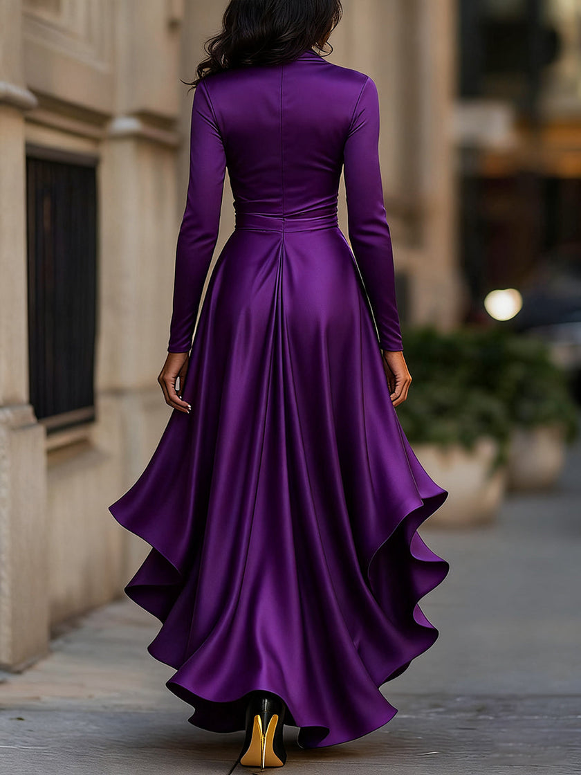 Navy blue satin maxi dress by FJØRNA with draped fabric and ruffle details, elegant evening dress for formal occasions.