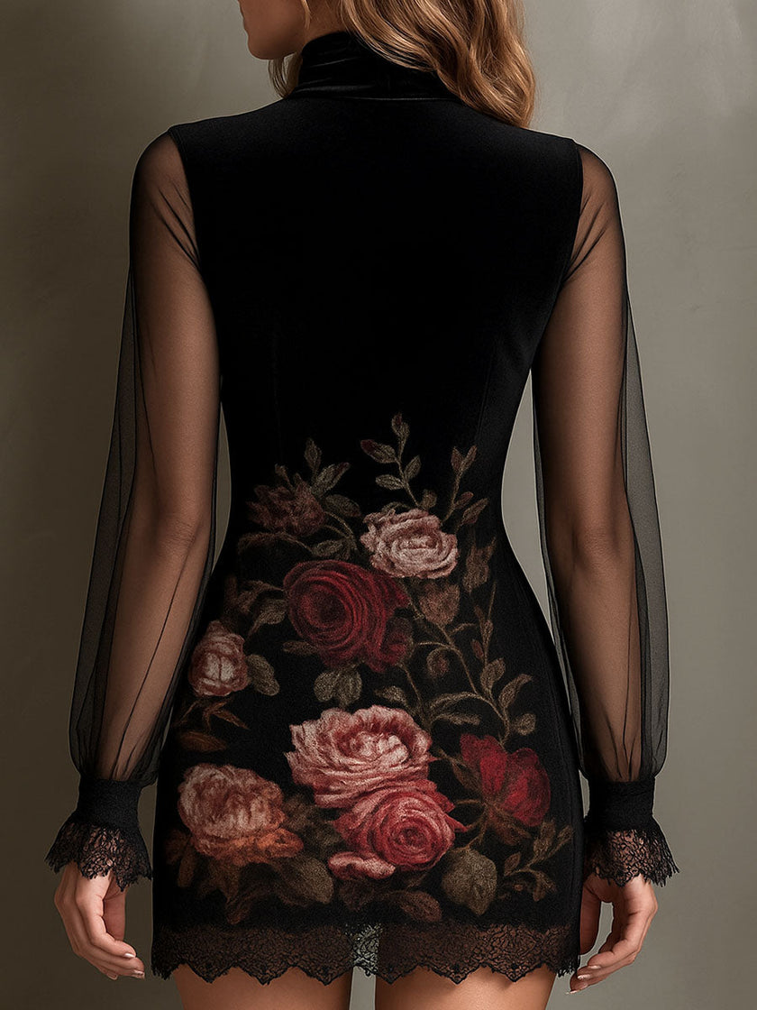 FJØRNA velvet rose print sheer patchwork mini dress with lace trim, featuring a feminine design and elegant details.