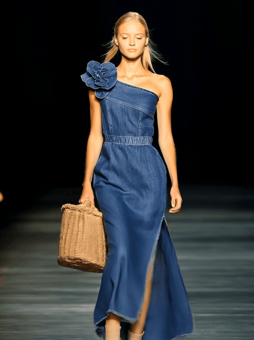 FJØRNA denim strapless maxi dress, elegant evening dress with flowing fabric and fitted bodice, shown on model.