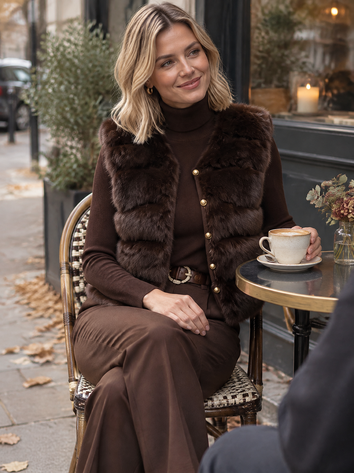 Faux Fur Gilet and Turtleneck Sweater Dress Two-Piece Set in Brown for Women