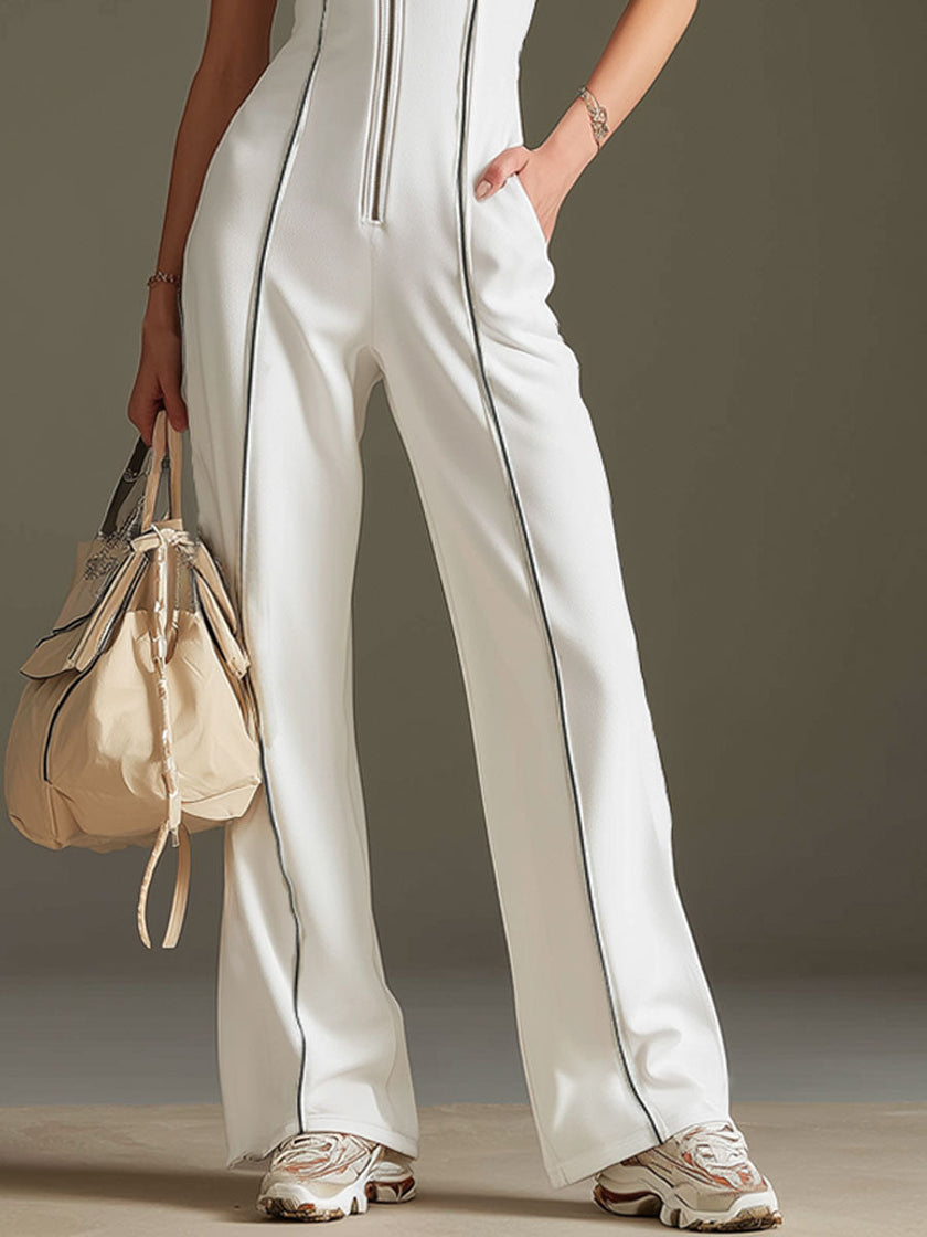 White cotton blend short sleeve wide-leg jumpsuit for women by FJØRNA, featuring a comfortable fit and stylish design.