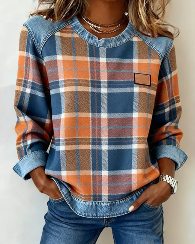 Ivy | Women's Versatile Oversized Plaid Sweatshirt Pullover Sweater with Round-Neck Checked Cozy for Winter