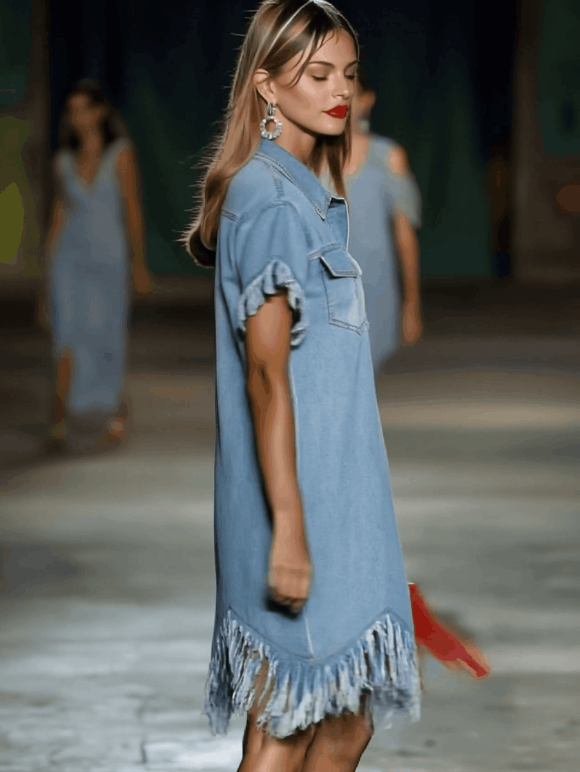 FJØRNA denim tassel mini dress with casual style, featuring a fitted bodice and flowing skirt with tassel details.