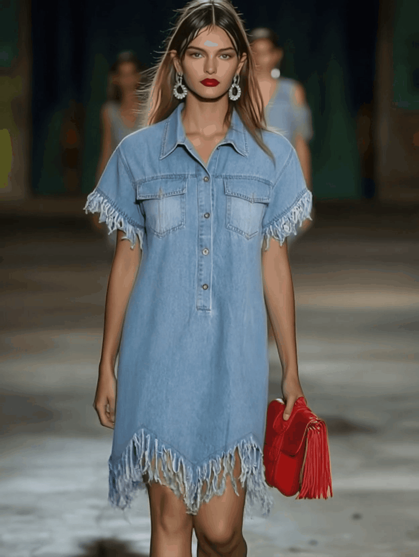 FJØRNA denim tassel mini dress featuring casual style, with tassel details and a fitted silhouette, perfect for warm weather.