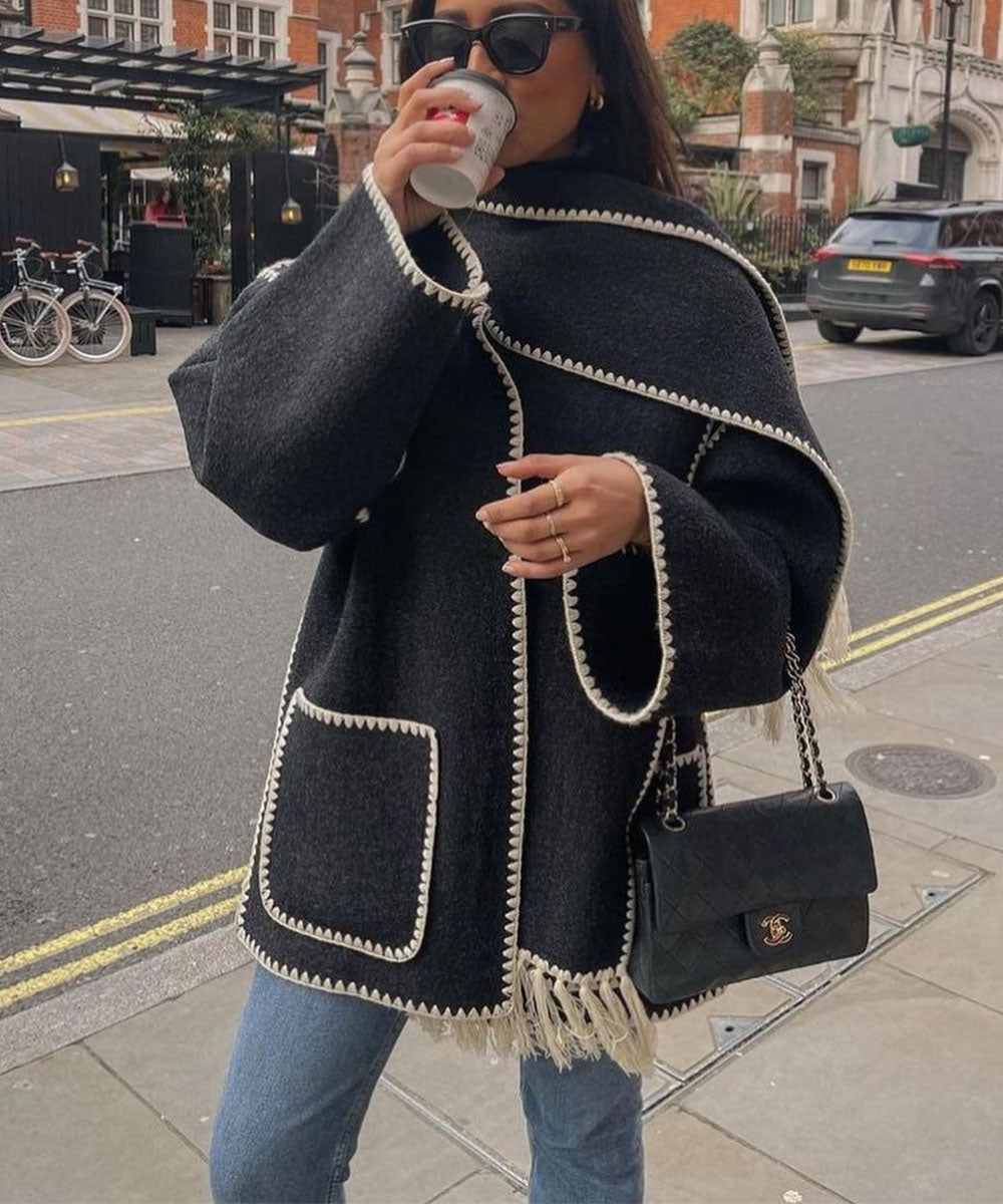 Cape Coat Open Front Fringe Hem Contrast Trim Oversized Poncho Wrap | Fenna