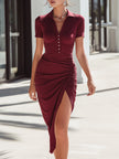 FJØRNA ruched polo-collar asymmetric slit midi dress, summer business dress with elegant design and flattering fit.