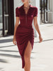 FJØRNA ruched polo-collar asymmetric slit midi dress, summer business dress with elegant design and flattering fit.