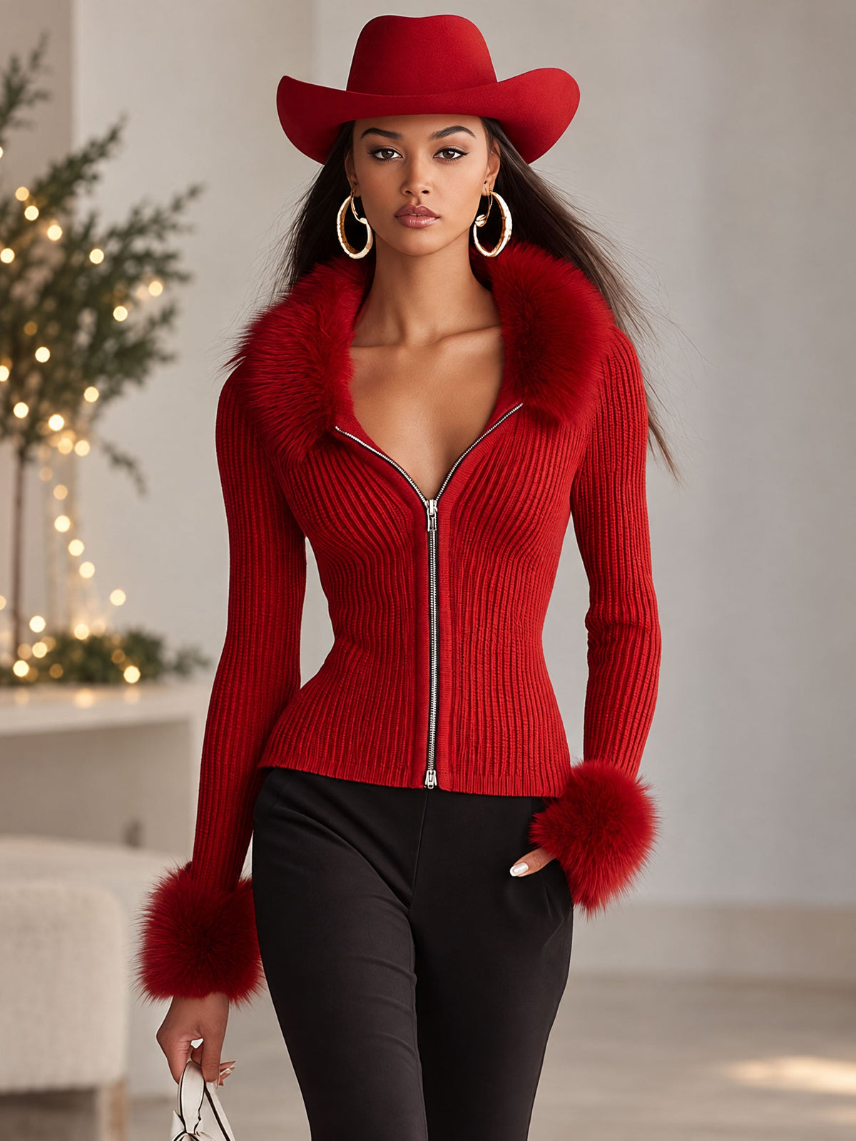 Faux Fur Collar Zip-Up Knit Cardigan with Lapels and Fur Cuffs for Women