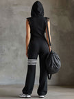 Black striped sleeveless hooded jumpsuit for women by FJØRNA, featuring a relaxed fit and stylish design.