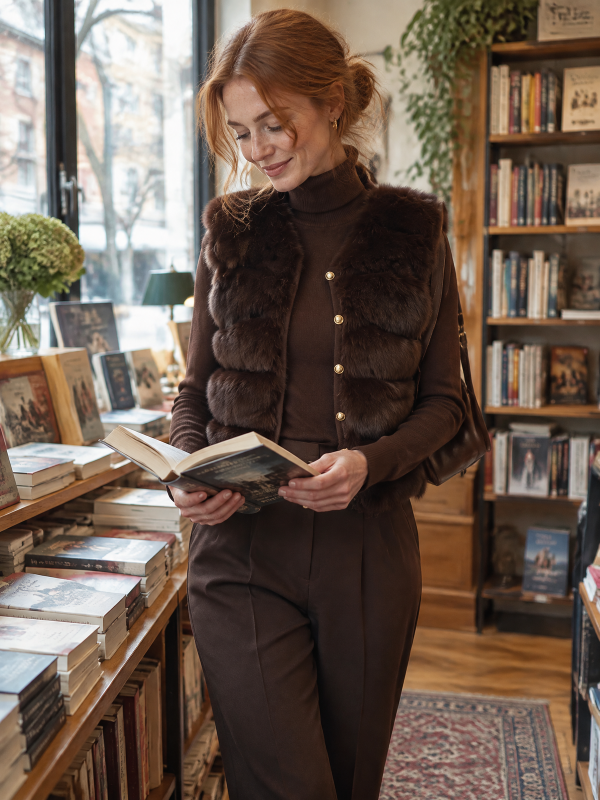 Faux Fur Gilet and Turtleneck Sweater Dress Two-Piece Set in Brown for Women