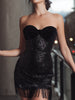 FJØRNA black velvet bow sequin fringe mini dress, stylish cocktail dress with elegant bow detail and shimmering sequin accents.