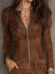 Vintage caramel brown suede mini dress with lace trim and zip front, designed for women by FJØRNA.