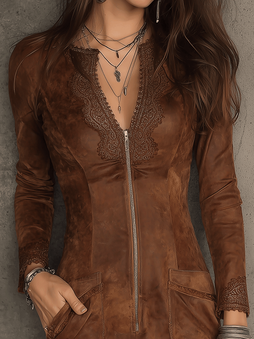 Vintage caramel brown suede mini dress with lace trim and zip front, designed for women by FJØRNA.