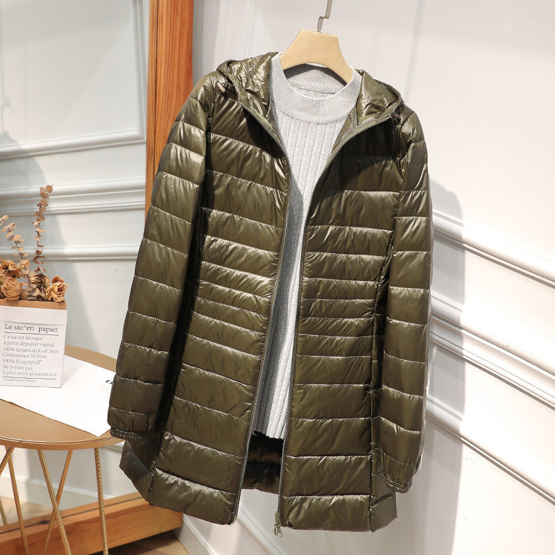 Quilted Jacket Women Hooded Zip Front Lightweight Mid-Length