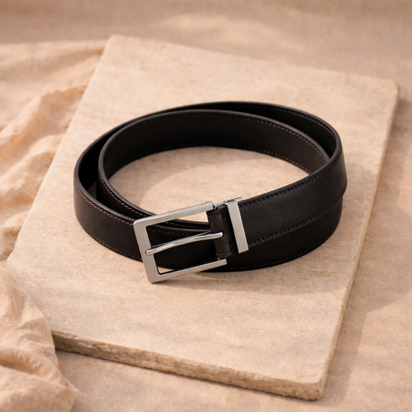 FJØRNA vegan leather ratchet belt, adjustable unisex belt with sleek design and metal buckle, suitable for casual and formal wear