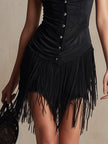 Black faux suede FJØRNA V-neck mini dress, casual style with long sleeves and V-neck, perfect for everyday wear.