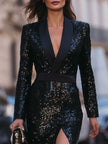 FJØRNA black sequin tuxedo midi dress with side slit, elegant women's evening dress featuring a fitted silhouette and stylish details.