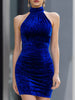Royal blue velvet halter bodycon mini dress by FJØRNA, stylish cocktail dress with a fitted silhouette and elegant halter neckline.
