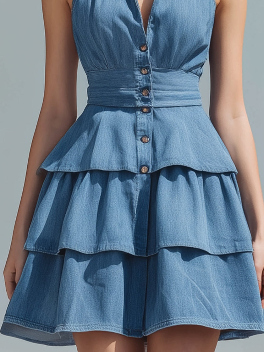 Blue FJØRNA halter-neck tiered ruffle denim mini dress with layered ruffles and sleeveless design, perfect for casual summer wear.