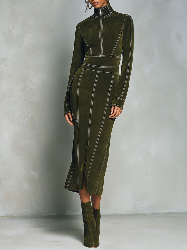 Olive green high-neck zip-up bodycon midi dress by FJØRNA, featuring a fitted silhouette and long sleeves.