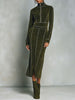 Olive green high-neck zip-up bodycon midi dress by FJØRNA, featuring a fitted silhouette and long sleeves.