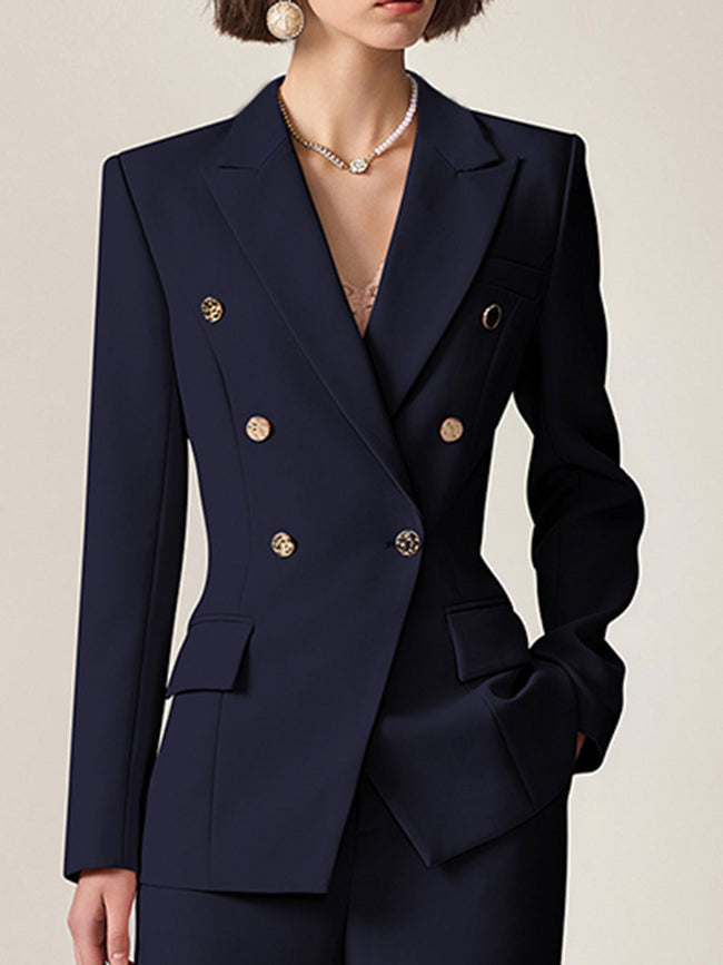 FJØRNA navy women's double-breasted two-piece suit set with lapel blazer and matching pants, stylish professional attire.