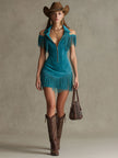 Peacock blue faux suede tassel mini dress by FJØRNA, casual style with tassel details and a fitted silhouette.