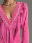 FJØRNA red faux suede tassel mini western dress with casual style, featuring fringe details and a fitted silhouette.