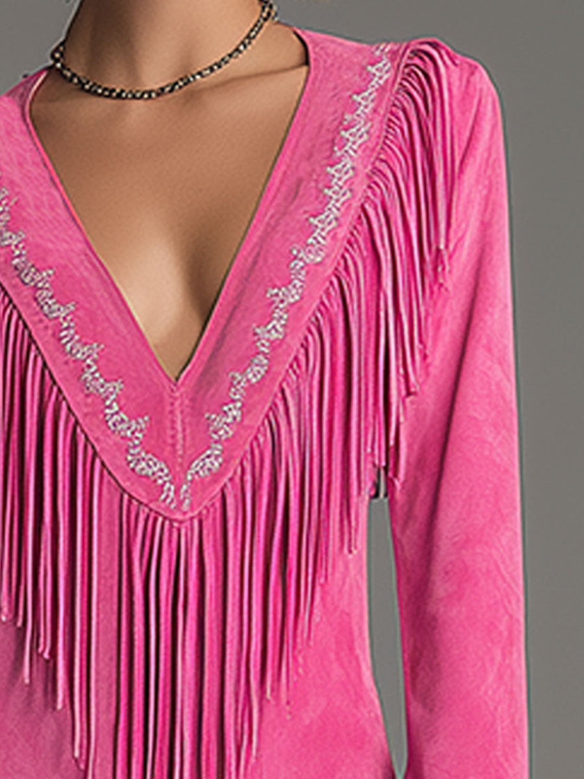 FJØRNA red faux suede tassel mini western dress with casual style, featuring fringe details and a fitted silhouette.