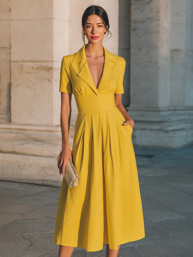 FJØRNA women's collared short-sleeve midi dress featuring a structured waist and elegant design, ideal for versatile styling.