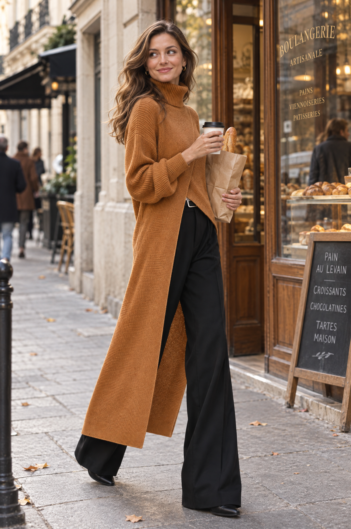 Asymmetric Wrap-Front Long Knit Top with Ribbed High Neck for Women