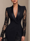 FJØRNA black blazer-style lace midi dress, cocktail dress with tailored blazer design and intricate lace details, elegant evening wear