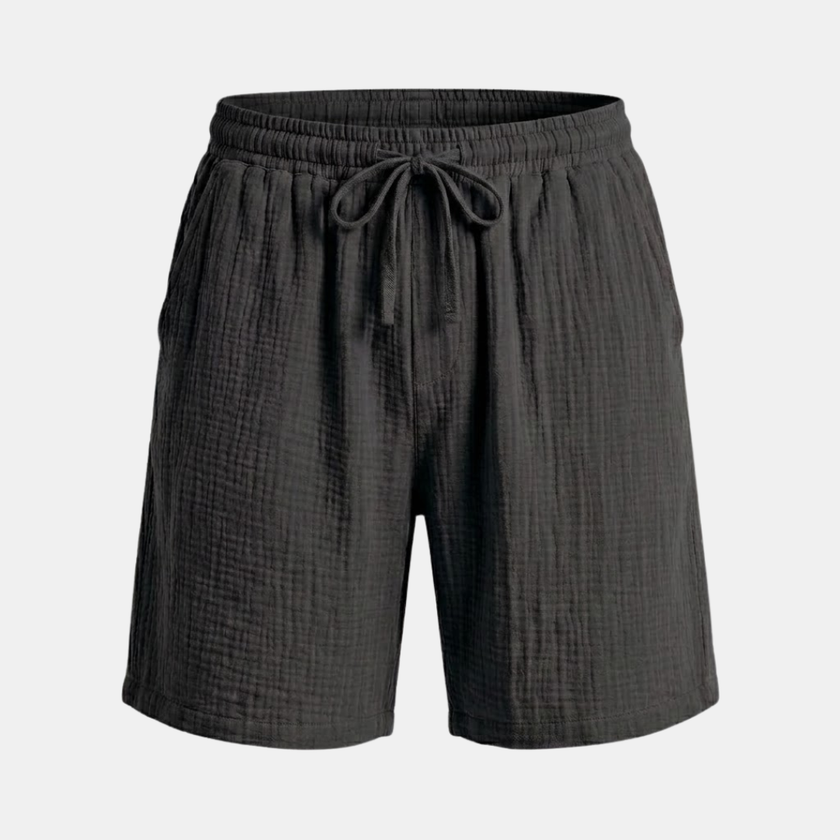 FJØRNA men's textured drawstring relaxed-fit casual summer shorts, lightweight and comfortable for warm weather.