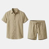 Men's linen blend shirt and shorts co-ord set by FJØRNA, featuring lightweight summer vacation outfit with casual, stylish design.