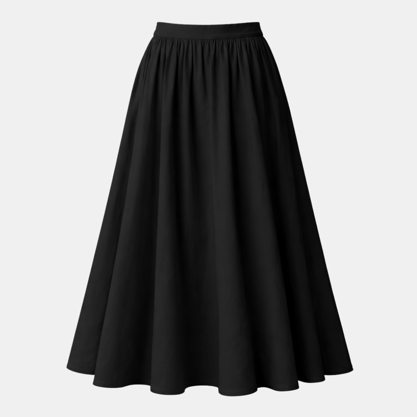 FJØRNA high-waist white A-line maxi skirt for women, flowing and elegant, shown in a full-length view.