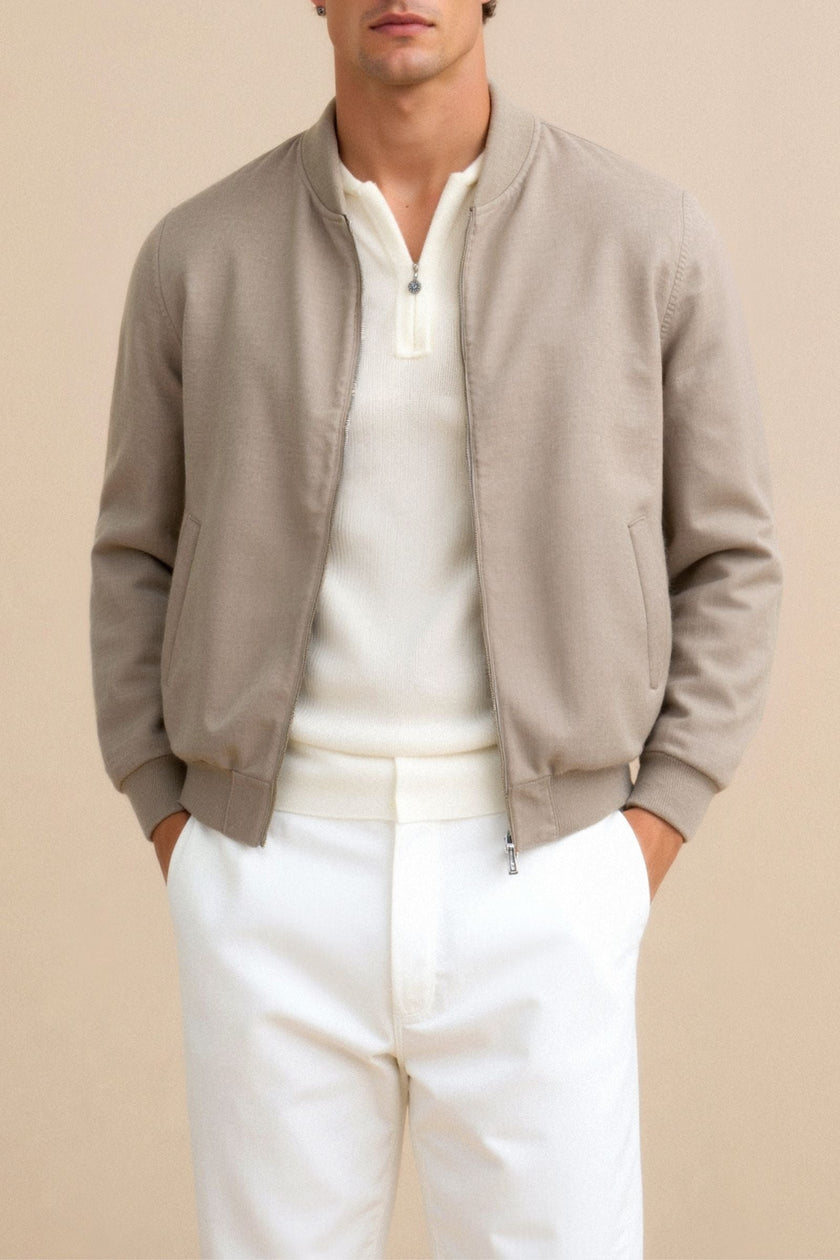 Bomber Jacket Men Slim Fit Zip Ribbed Collar Recycled Polyester