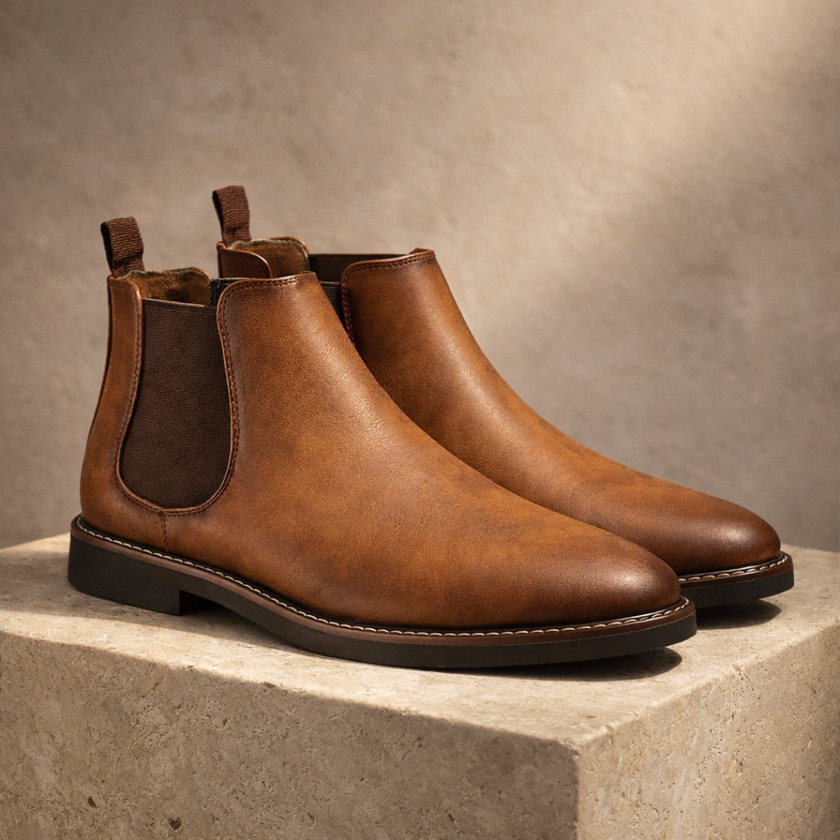 FJØRNA men's retro leather Chelsea boots, stylish black shoes with elastic side panels and sleek design.