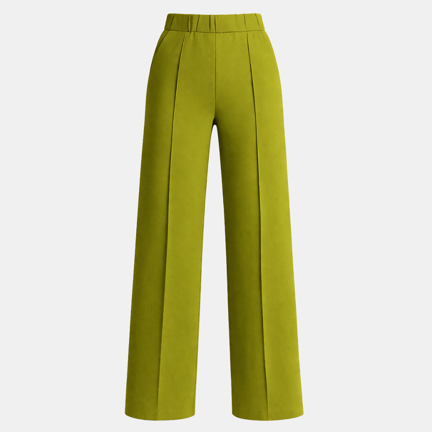 FJØRNA women's high-waist wide-leg trousers in loose pull-on style, shown in beige fabric, full-length front view.