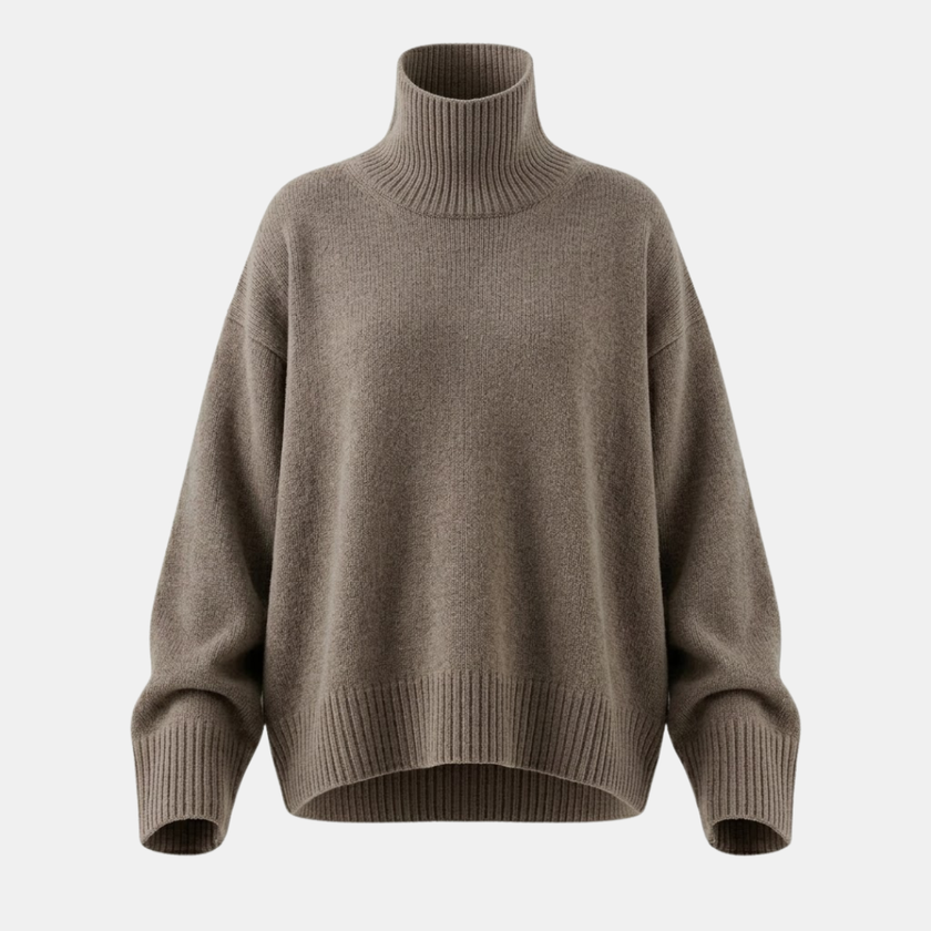 Women’s FJØRNA wool turtleneck sweater, cozy knit with a high neckline, in a neutral color, perfect for cold weather.