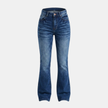 Women's high waist slim fit bootcut jeans by FJØRNA in cotton denim, showing the dark wash, classic pocket design, and tailored fit.