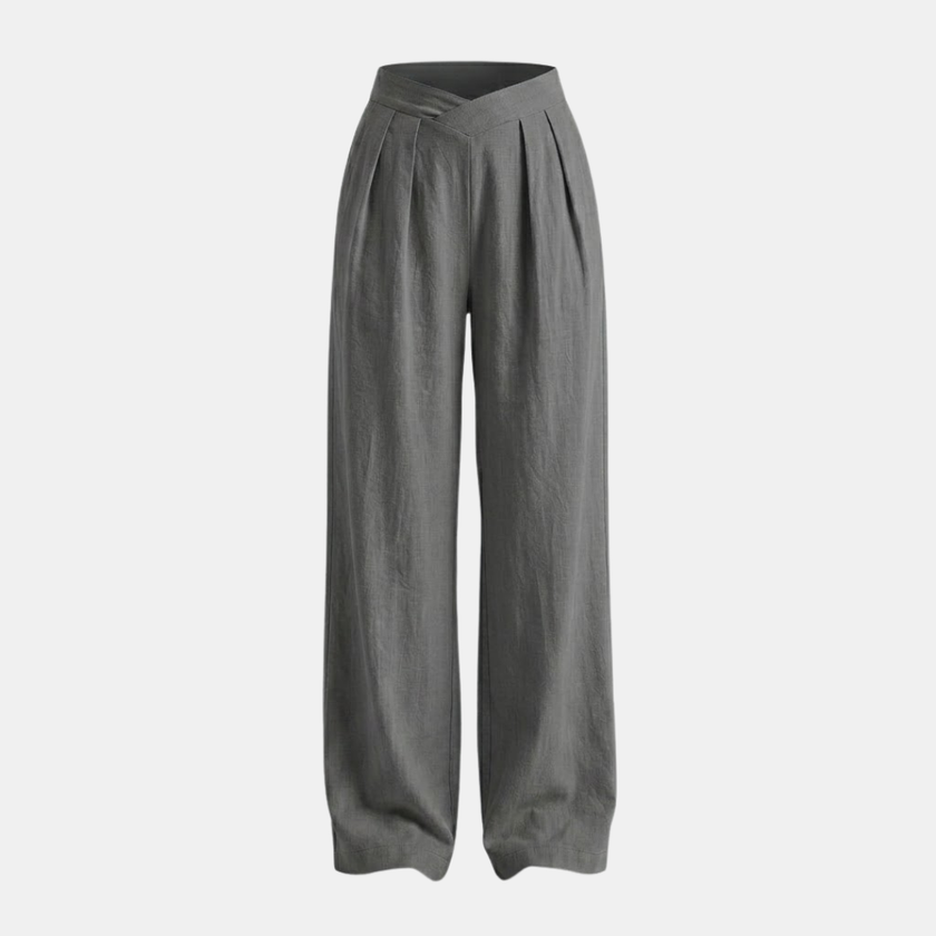Women's loose pull-on wide-leg trousers with criss-cross waist design by FJØRNA, showcasing relaxed fit and stylish silhouette.