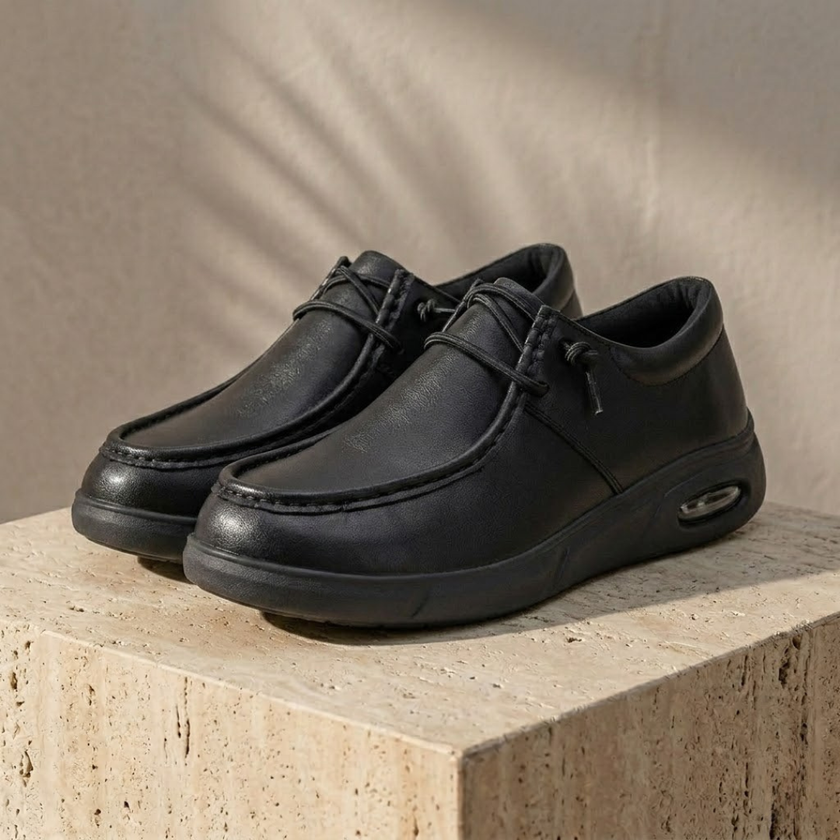 Men's red leather orthopedic walking shoes by FJØRNA featuring comfortable design and sturdy sole for everyday wear.