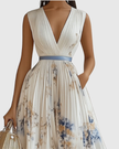 Rowella | Women's V-Neck Long-Sleeve Pleated Floral Maxi Dress with Ribbon Tie Waist