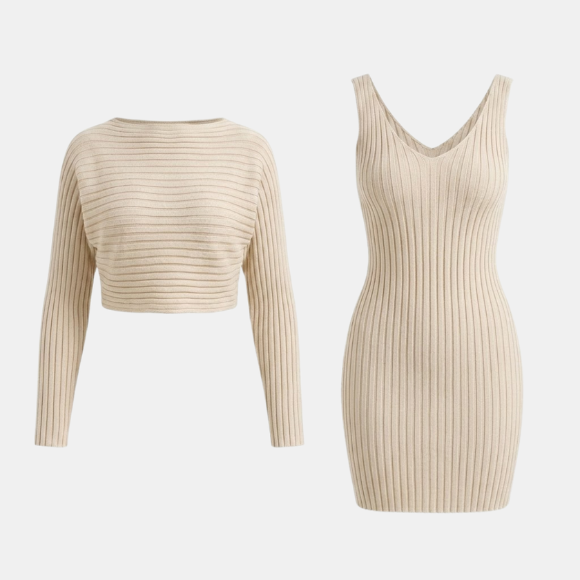 FJØRNA women's ribbed knit top and skirt co-ord set, two-piece set in neutral tone, styled with long sleeves and high-waisted skirt.