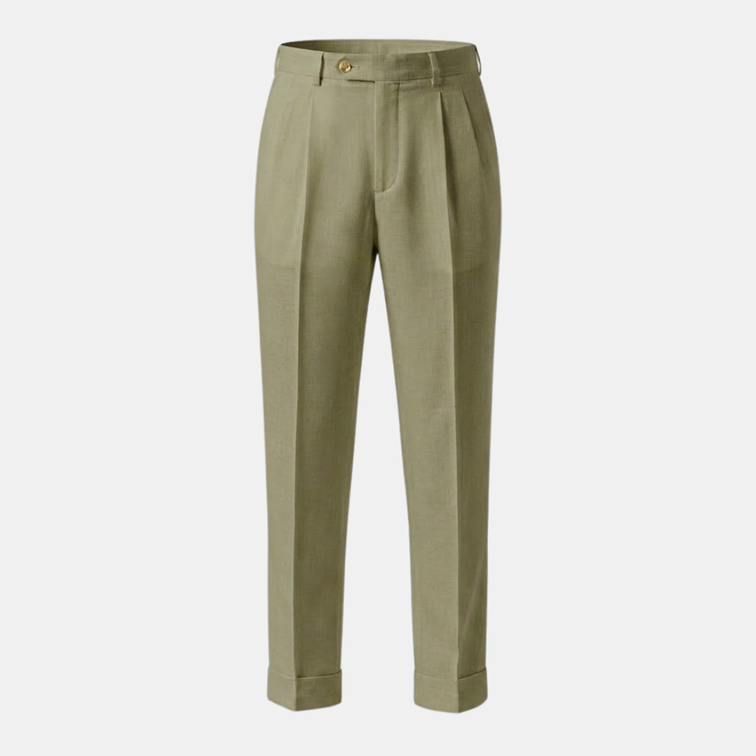 FJØRNA men's linen pleated straight-leg trousers, tailored linen pants with a classic fit and clean design, displayed on a mannequin.