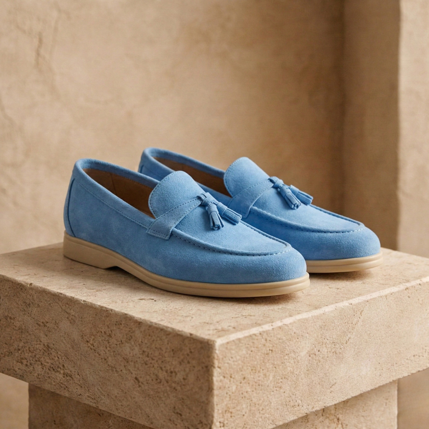 Men's casual suede shoes by FJØRNA featuring lace-up design and smart casual style, shown in a neutral color.